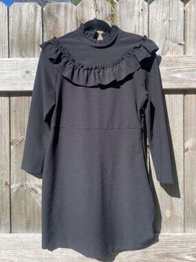 H & M Black Ruffle Yoke Long Sleeve Mini Dress Size 10